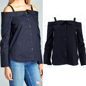 Navy Strap Off the Shoulder Button Up Shirt Top
